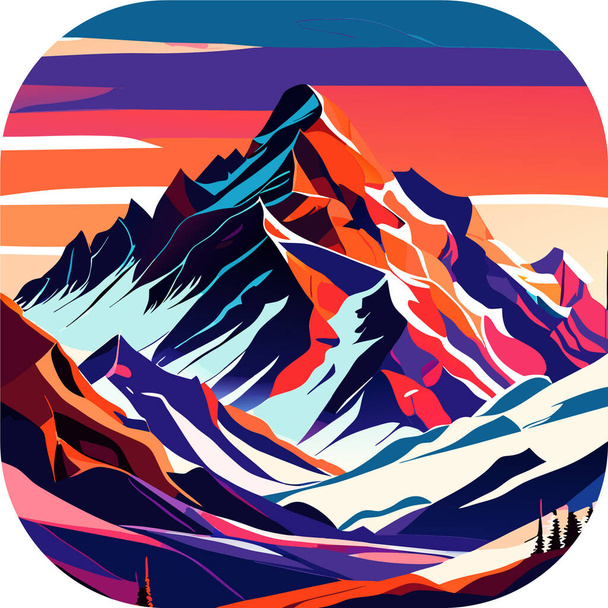 Vektorové tapety s krajinou, horské majestátní pohoří se zasněženými vrcholky a rozlehlými ledovci, plakátové umění, bohatě barevná obloha. - Vektor, obrázek