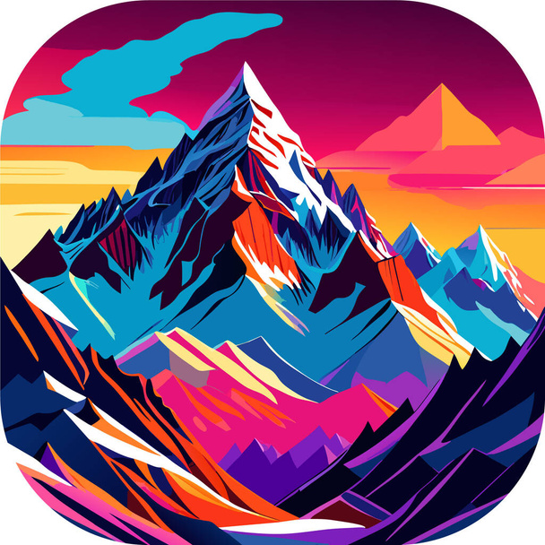 Papier peint vectoriel avec un paysage, une chaîne de montagnes majestueuse avec des sommets enneigés et des glaciers tentaculaires, art de l'affiche, ciel richement coloré. - Vecteur, image