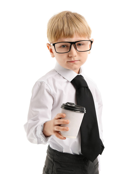 Funny little businessman with cup of coffee on white background - Fotografie, Obrázek