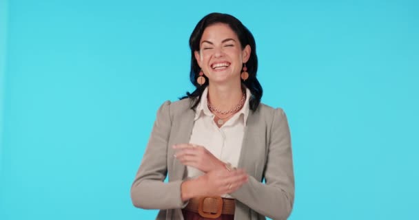 Entrepreneur, happy and portrait of a business woman confident and isolated in a studio blue background. Professional, corporate and young female lawyer with pride and excited for a law firm. - Footage, Video