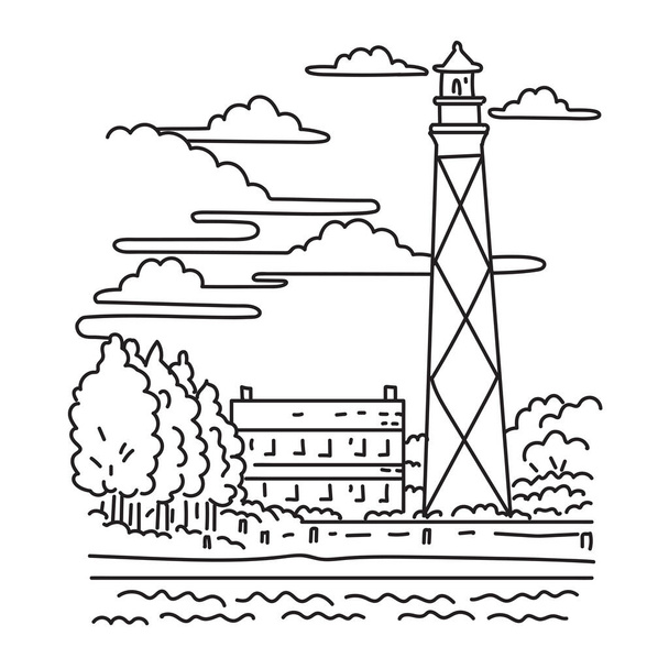 Ilustración en línea mono del faro Cape Lookout en Harkers Island ubicado en Outer Banks de Carolina del Norte en los Estados Unidos de América. - Vector, Imagen