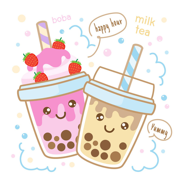 Love of Bubble tea flavors cup design collection, Pearl milk tea, Yummy drinks, Taiwan milk, Boba Bubble Milk Tea, Vector Illustration - Vektör, Görsel