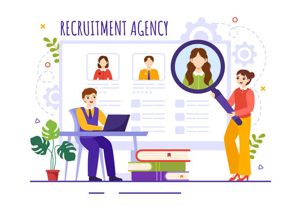 Recruitment Agency Vector Illustration mit Managern auf der Suche nach einem Kandidaten für einen Job in flachen Cartoon handgezeichneten Hintergrundvorlagen - Vektor, Bild