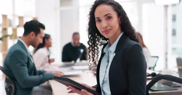 Face, business and woman in a meeting, smile and brainstorming with happiness, success and professional. Portrait, female person and employee with ideas, consultant and corporate goal with teamwork. - Footage, Video