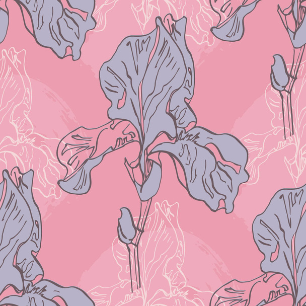 Irises zökkenőmentes minták Papír, textil és tapéta csomagolására szolgáló botanika. Gravírozott vintage stílus. Vektorillusztráció. - Vektor, kép