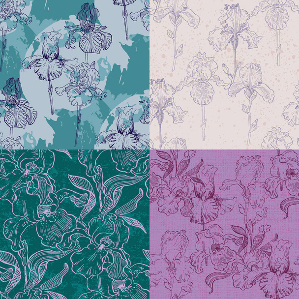Irises seamless patterns Botanical for wrapping paper, textile and wallpaper. Engraved vintage style. Vector illustration. - Vektor, Bild