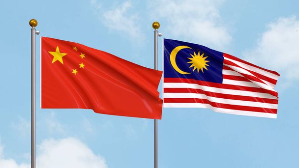 Waving flags of China and Malaysia on sky background. Illustrating International Diplomacy, Friendship and Partnership with Soaring Flags against the Sky. 3D illustration - Foto, Imagen