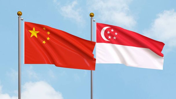 Waving flags of China and Singapore on sky background. Illustrating International Diplomacy, Friendship and Partnership with Soaring Flags against the Sky. 3D illustration - Foto, Imagem