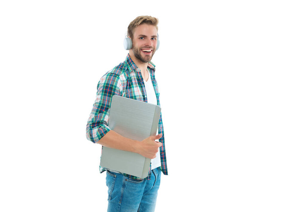 millennial man student isolated on white, banner. millennial man student on background. millennial man student in studio. photo of millennial man student with laptop. - Foto, immagini