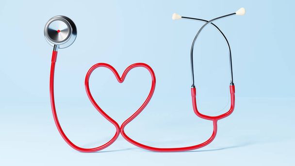 Червоний стетоскоп у формі серця ізольовано на звичайному тлі. - Фото, зображення