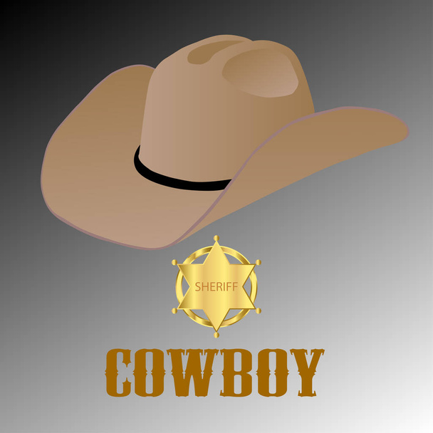 Chapéu de cowboy e distintivo de estrela do xerife de ouro. Wild West. vetor - Vetor, Imagem