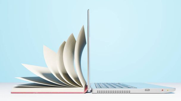 kreatív E-learning koncepció könyv és Laptop 3d render, fehér - Fotó, kép
