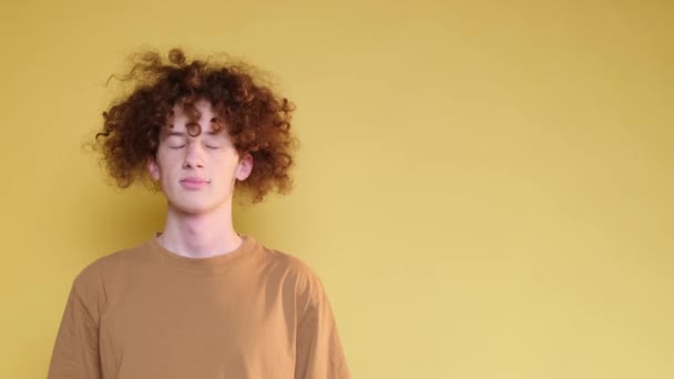 Portrait of a calm student with fancy curly hair. A young man opens his eyes to the camera. A guy in a brown T-shirt on a brown background - Materiaali, video