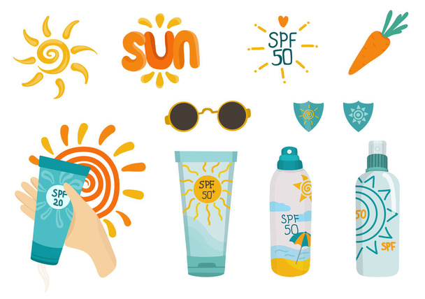 Ensemble d'articles de crème solaire et de lettrage drôle. Protections solaires - crèmes, lunettes de soleil. Préparez-vous à la mer. Vecteur - Vecteur, image