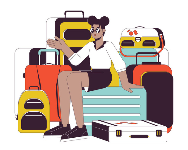 Bavul yığını kız düz çizgi vektör benek çizimi. Güneş gözlüklü havalı kadın bagaj çantalarının üzerinde oturuyor. 2D çizgi film karakteri, web UI tasarımı için beyaz üzerine çizilmiş. Düzenlenebilir renkli kahraman imajı - Vektör, Görsel