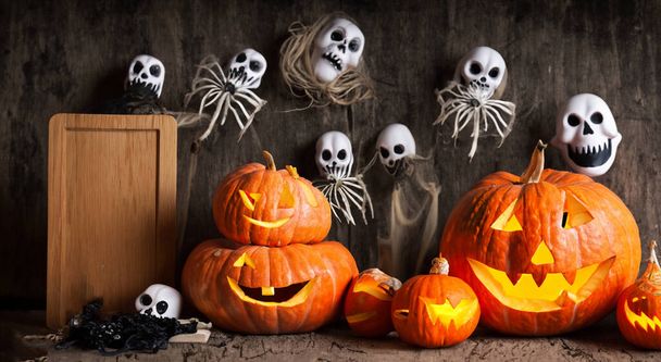hermosas calabazas y calaveras con una tabla de madera. concepto de Halloween de alta resolución - Foto, Imagen