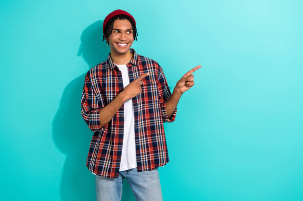 Photo portrait of handsome young man representative agent empty space wear trendy plaid outfit isolated on aquamarine color background. - Φωτογραφία, εικόνα