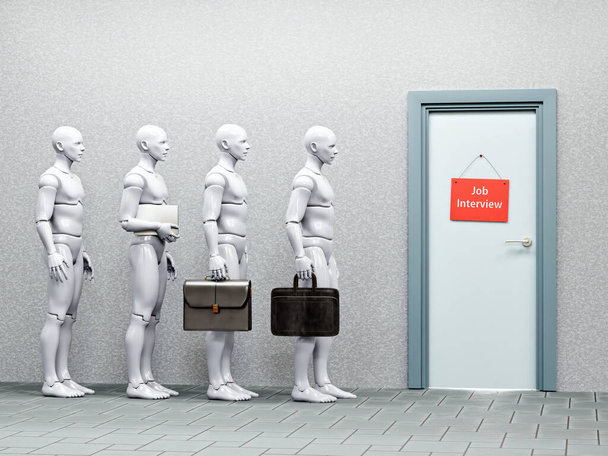 新しい仕事を得るために並んで立っている人型AIサイボーグの3Dレンダリング - 写真・画像