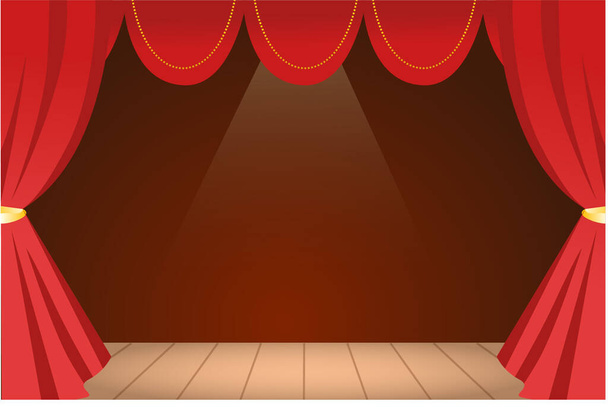Μια θεατρική σκηνή με μια κόκκινη κουρτίνα για σόλο παράσταση, ένα θέατρο εικονογράφηση έννοια, νυχτερινή παράσταση όπερα - Διάνυσμα, εικόνα