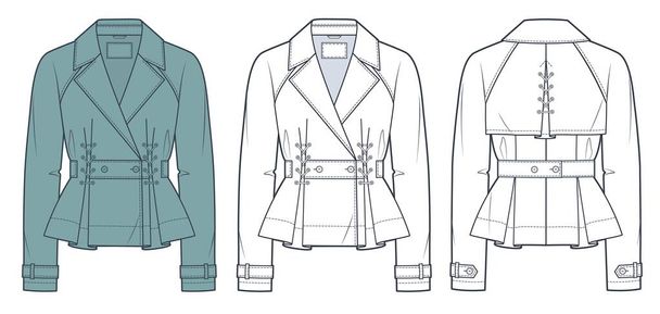 Обрізаний тренч Пальто технічної моди Ілюстрація. Raglan Lleeve Jacket модний плоский технічний шаблон малювання, спереду і ззаду, мережива, білий, зелений, жіночий набір макетів CAD. - Вектор, зображення