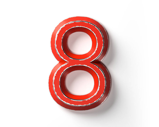 Digits made of red painted metal with scratched borders. 3d illustration of red iron figures isolated on white background - Zdjęcie, obraz