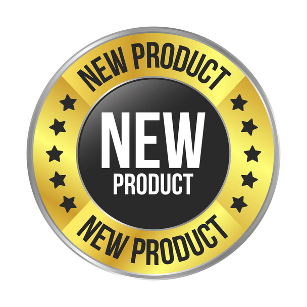 Hochglanz-neues Produktetikett, Ikone für neue Produkte, neues Produktbanner, 3D-realistisches Design von Geschäftsabzeichen, Ankunftswaren-Gummistempel isoliert auf weißem Hintergrund - Vektor, Bild