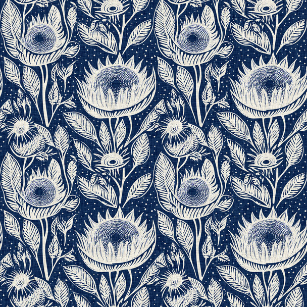 Masculine indigo floral blockprint linen seamless pattern. All over print of navy blue cotton effect flower linocut fabric background - Photo, Image