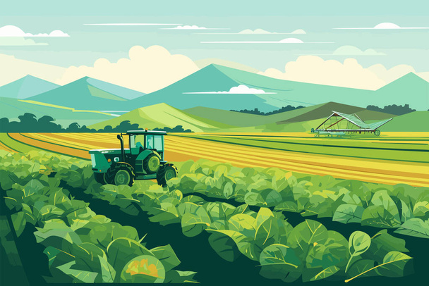 Agricultura, tractores y cosechadoras trabajando en el campo, cosecha, día soleado, ilustración plana vectorial. - Vector, Imagen