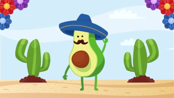 mexican culture avocado comic character animation 4k video animated - Footage, Video