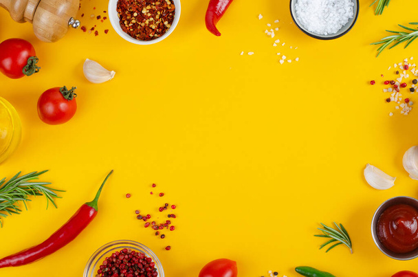 Cooking Concept with Spices and Vegetables on Yellow Background, Vegetarian Food, Health, Background for Recipes, Top View - Φωτογραφία, εικόνα