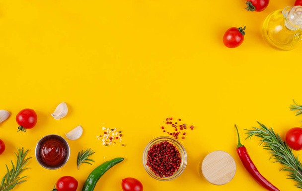 Cooking Concept with Spices and Vegetables on Yellow Background, Vegetarian Food, Health, Background for Recipes, Top View - Zdjęcie, obraz
