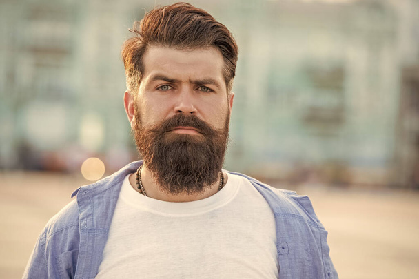 bearded man walk outside. face of man with beard. brutal casual man outdoor. - Photo, image