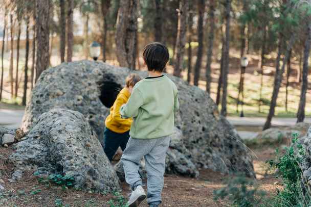 Schooljongens die buiten spelen, reizen in het bos. Broers en zussen kinderen maken een wandeling in het rotsachtige rotsachtige bos stadspark. - Foto, afbeelding