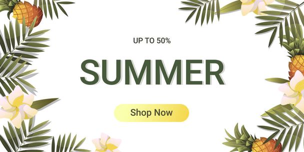 illustration of summer with palm leaves pineapples and Summer Sale Perfect for ad and web design - Wektor, obraz