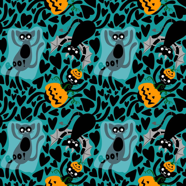 Halloween cartoon cats seamless pumpkins and ghost and monsters vampire pattern for fabrics and wrapping paper and kids clothes print and packaging and accessories. High quality illustration - Fotoğraf, Görsel