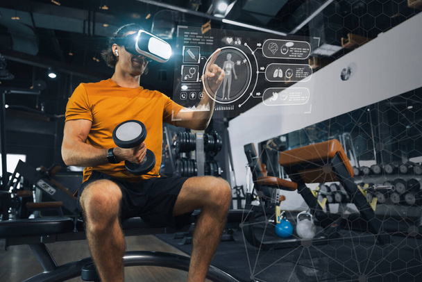 smart healthy tech savvy sport people using advanced visual body composition analyzer technology VR hologram graphics headset device concept - Photo, Image