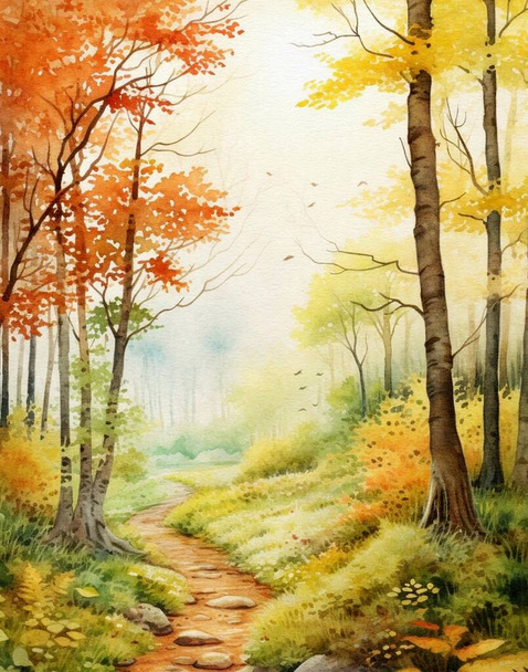 watercolor drawing of a vintage autumn forest in orange tones - Photo, image