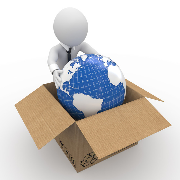 Человек, держащий Землю в картонной коробке
 - Фото, изображение