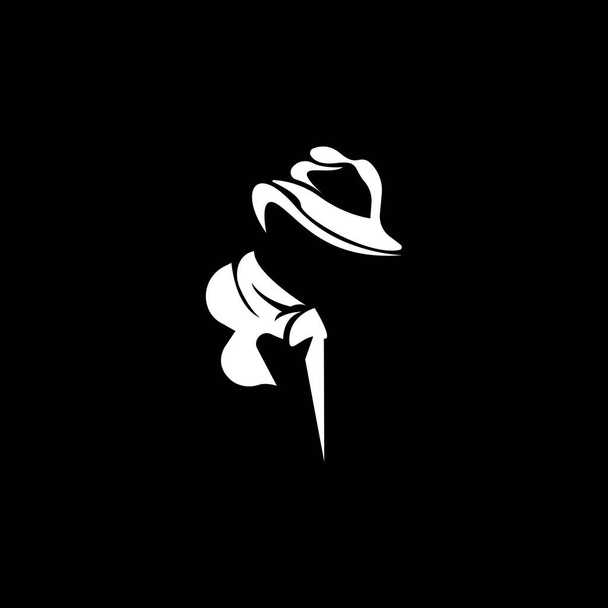 Diseño del logotipo del hombre detective, Mafia Detective moda esmoquin y sombrero ilustración vector, BlackMan empresario icono - Vector, imagen