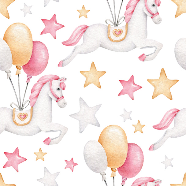 Aquarell-Babymuster mit weißen Pferden, Luftballons und Sternen.. - Foto, Bild