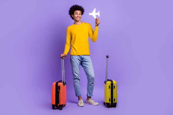Full size portrait of nice positive person arm hold small paper plane suitcase isolated on purple color background. - Foto, Imagen