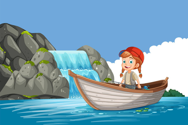 Ragazzo pesca in natura con cascata su sfondo illustrazione - Vettoriali, immagini