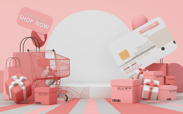 3d render of shopping sale promotion banner online. Full shopping cart on podium with shopping bag and cart and credit card. Concept of great discount, suitable for black friday and anniversary. - Zdjęcie, obraz