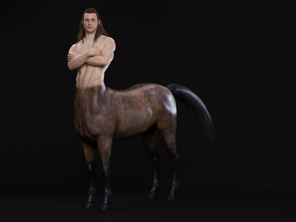 3D Rendering: Um retrato do belo centauro masculino posando seu corpo com flecha e arco no fundo do estúdio - Foto, Imagem
