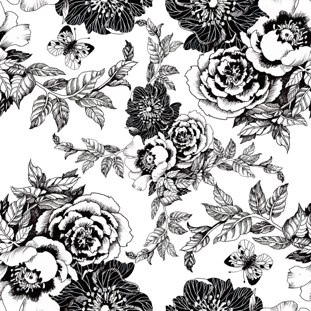Spring roses and butterflies pattern - Zdjęcie, obraz