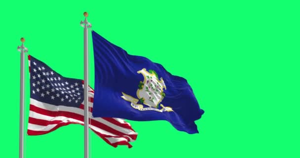 Bandiera dello stato del Connecticut sventola con la bandiera nazionale degli Stati Uniti d'America sullo schermo verde. Animazione di rendering 3D senza interruzioni. Schermo verde. Chiave cromatica. Ciclo del rallentatore. Risoluzione 4K - Filmati, video