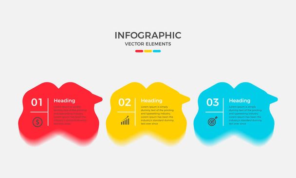 Plantilla de infografías comerciales de 3 pasos. Modernos pasos de infografía colorida. presentación y carta. Elementos para infografías - Vector, imagen