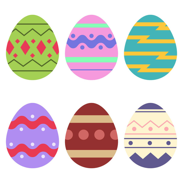 Счастливой Пасхи. Комплект Easter Eggs Flat Design на белом фоне. Весенние каникулы Векторная иллюстрация. Элементы дизайна. Набор пасхальных яиц с различной текстурой на белом фоне. - Вектор,изображение