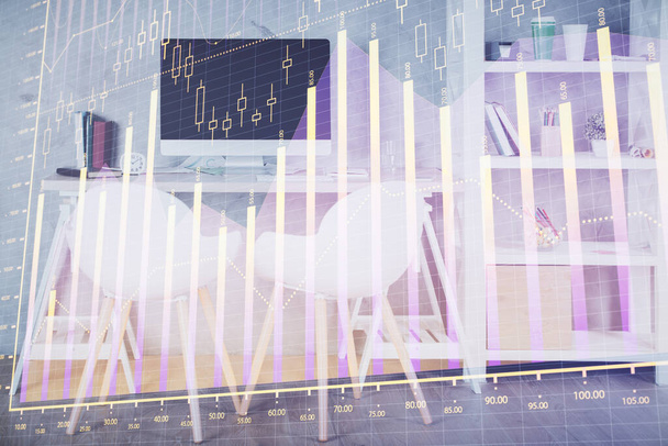 Multi exposure of stock market chart drawing and office interior background. Concept of financial analysis. - Fotografie, Obrázek