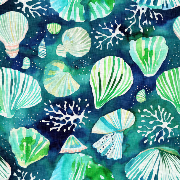 Tropische moderne schelp kust patroon botsing stof koraal rif print voor de zomer strand textiel ontwerpen met een linnen katoen effect. Naadloze trendy onderwater schelp mossel herhalen achtergrond - Foto, afbeelding